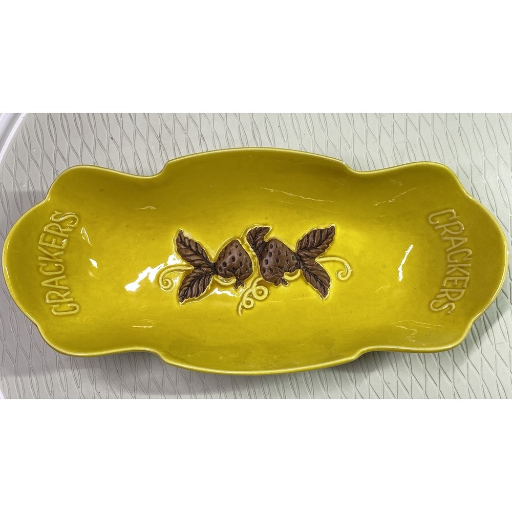 Vintage Treasure Craft USA Pottery Cracker Dish, W/strawberries Yellow 12"x5.5"